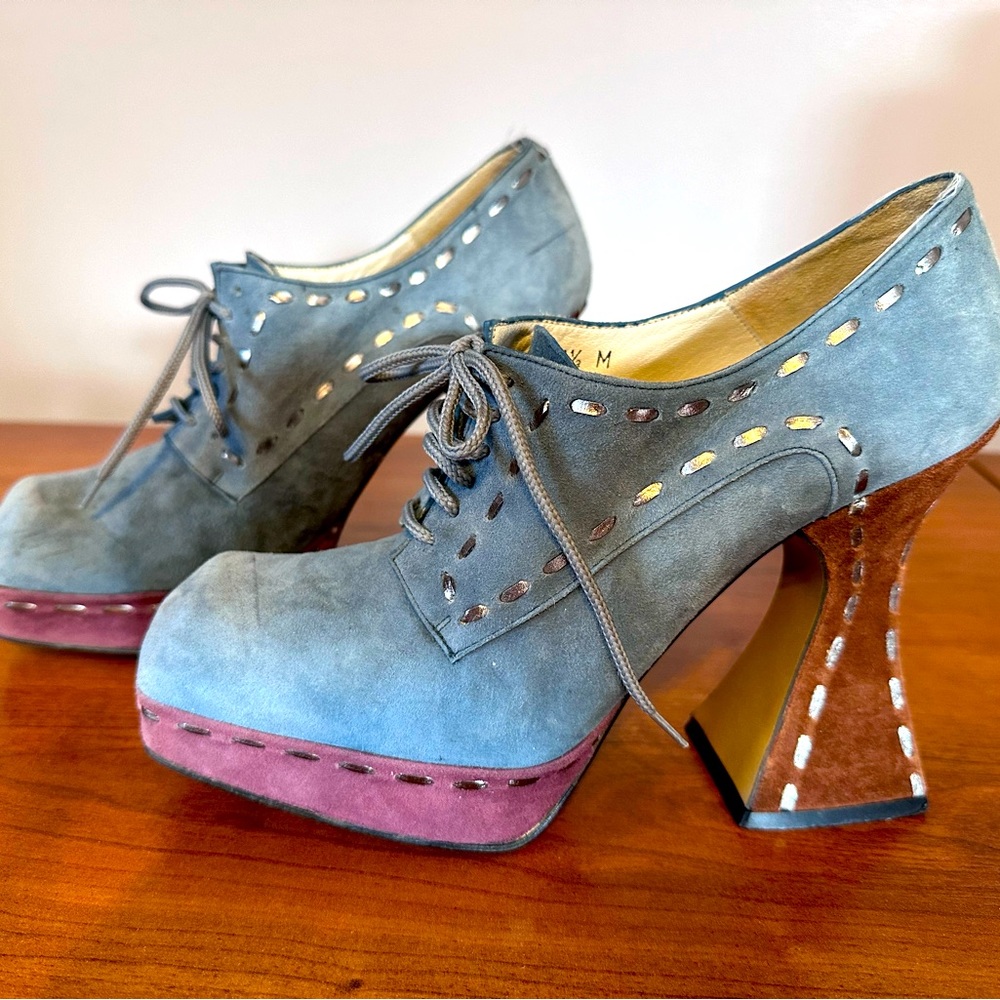 John Fluevog rare 1990’s Munster style baroque heel lace up suede shoes